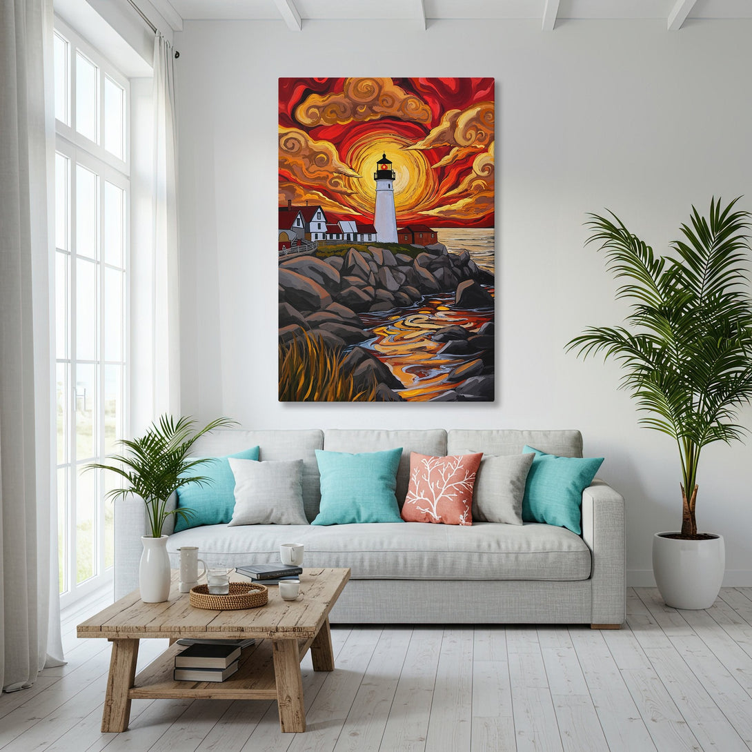Framed Wall Art: Lighthouse painting with vibrant sunset colors. Coastal decor inspiration for your living room. Enhance your space with this stunning canvas print.