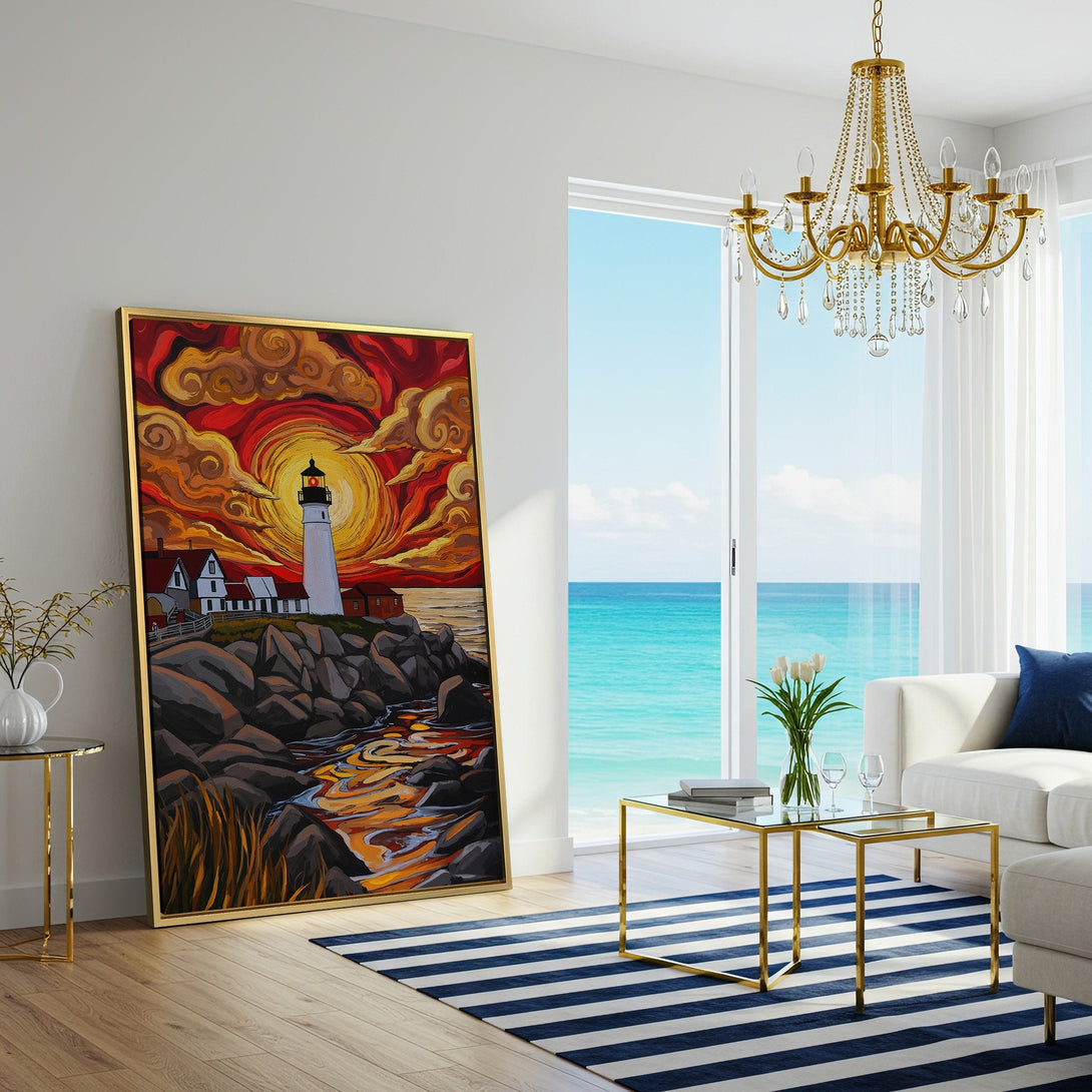 Canvas Print of a lighthouse at sunset. Vibrant, stylized artwork in warm red, orange, and yellow tones, adding a pop of color to any room.