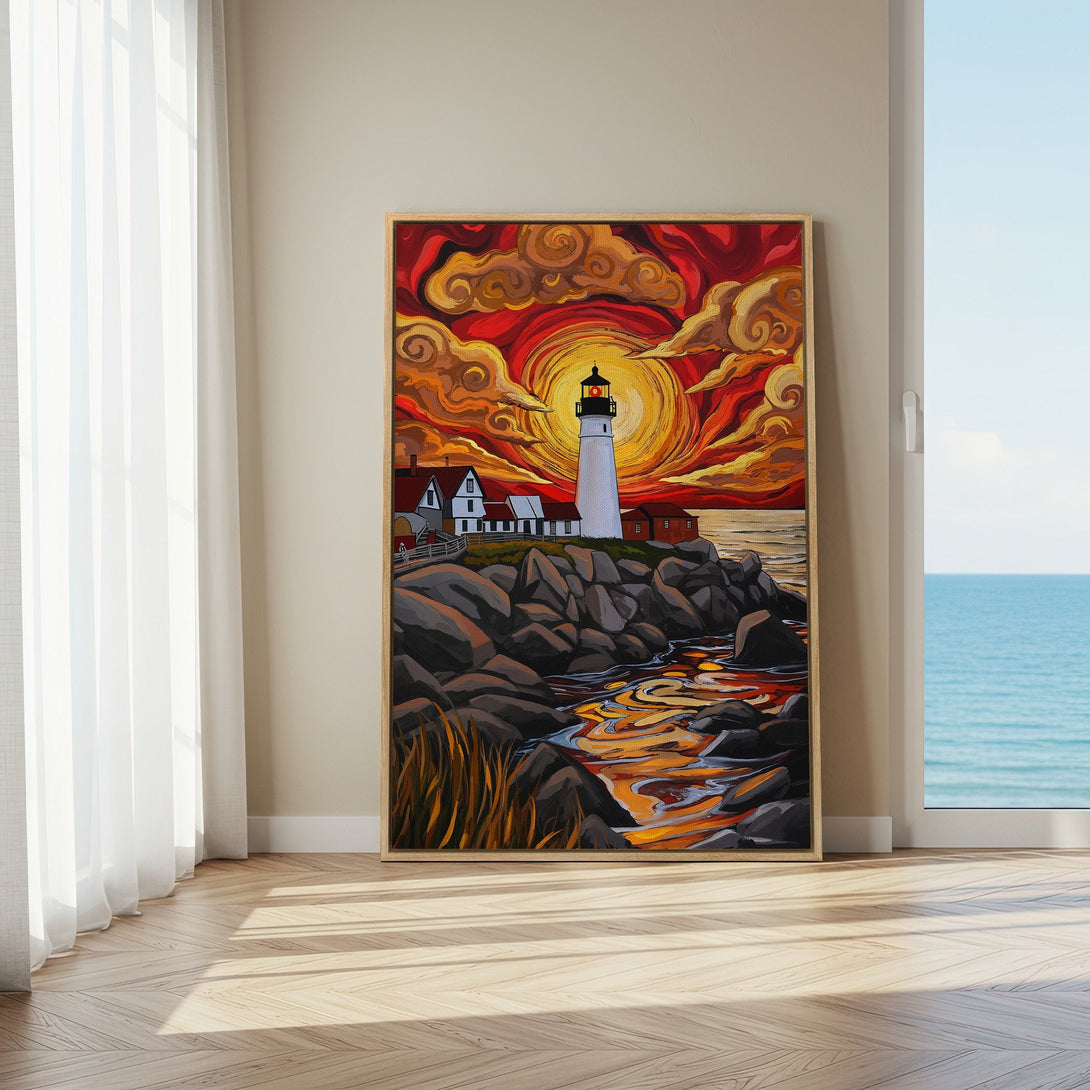 Framed Wall Art: Lighthouse painting with vibrant sunset colors. Coastal art in warm reds, oranges, and yellows, perfect for adding a pop of color to your space.