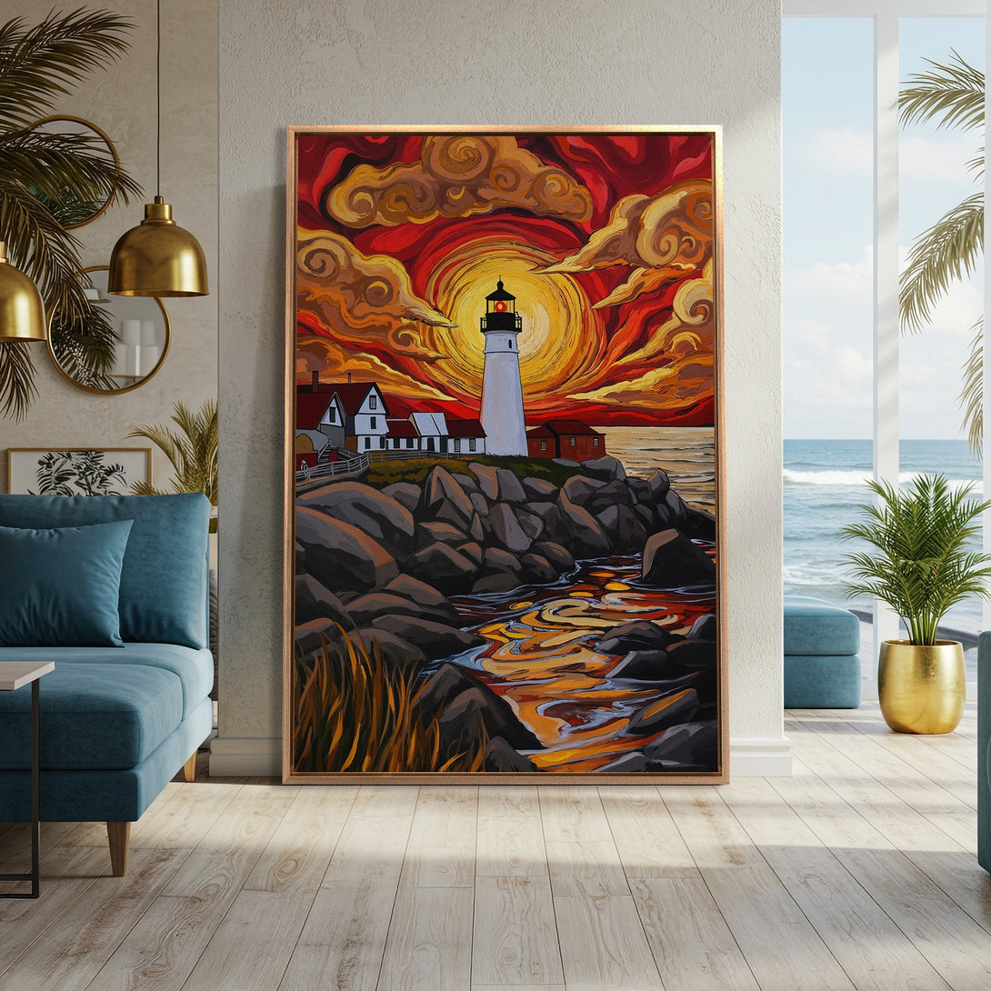 Framed Wall Art: Lighthouse painting with a vibrant sunset sky in warm red and orange tones. Coastal art for a cozy living room.
