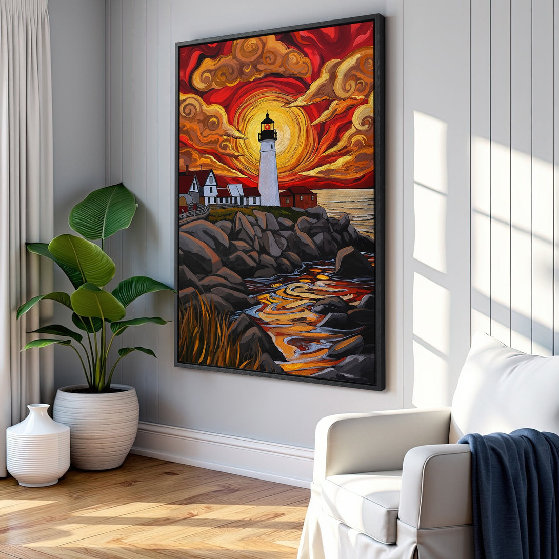 Framed Wall Art featuring a vibrant lighthouse painting in a warm red and orange sunset palette. Perfect coastal decor for your home!