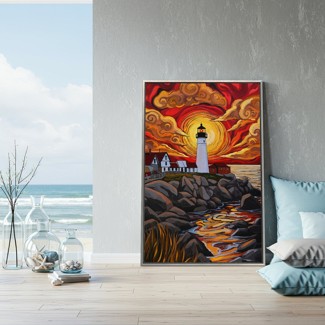 Framed Wall Art: Lighthouse painting with vibrant sunset colors. Coastal art for your home. Warm red, orange, and yellow palette. Perfect for living room decor.