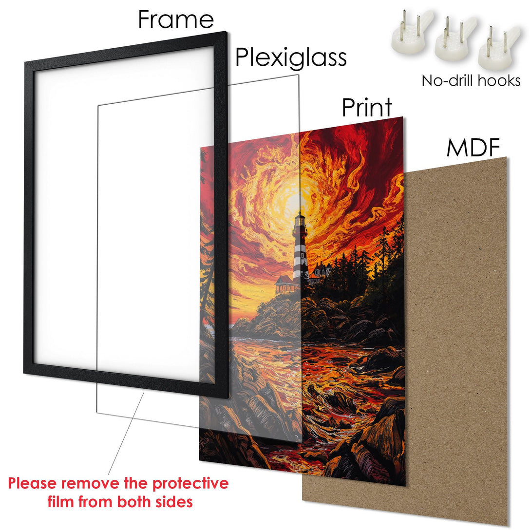 Framed Poster featuring a lighthouse landscape in fiery orange and red hues. Modern art style, ready to hang.
