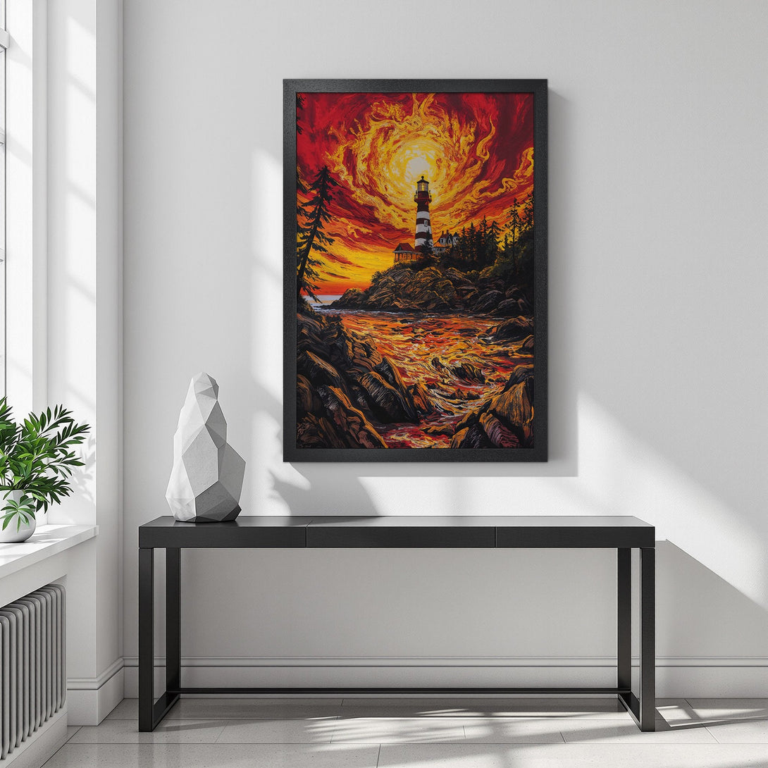Framed Poster featuring a lighthouse at sunset. Artistic style with vibrant red, orange, and yellow color palette. Perfect wall art for your home.