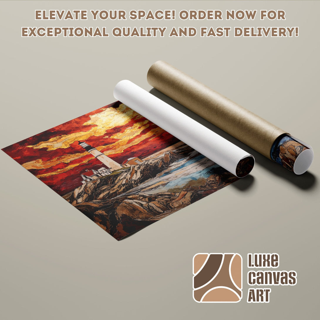 Lighthouse Poster Roll, vibrant art with red, orange, and brown hues. Elevate your space!
