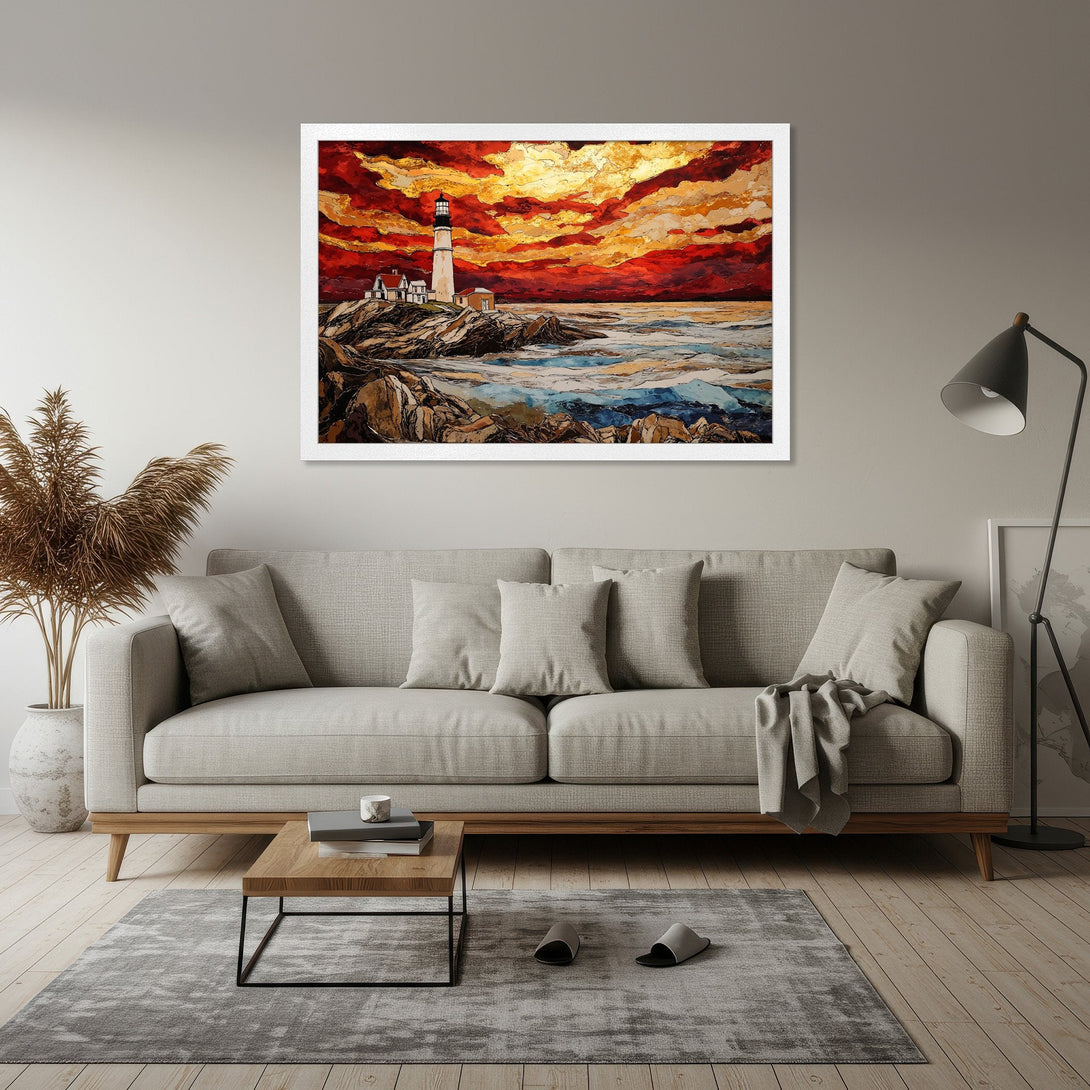 Framed Poster featuring a lighthouse painting in a vibrant style with a red, orange, and blue color palette. Perfect wall art!