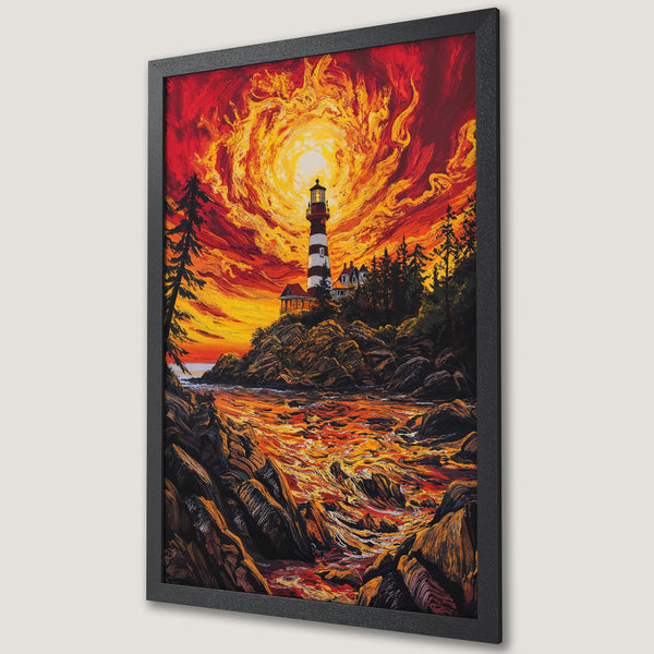 Framed Poster of a lighthouse at sunset. Impressive art print with bold brushstrokes and a fiery red and yellow color palette. Perfect wall decor.