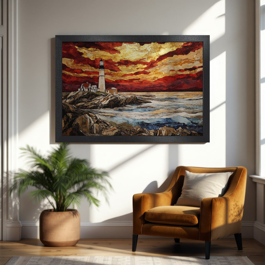 Framed Poster featuring a lighthouse scene with a dramatic red and gold sky, artistic style. Perfect wall art.