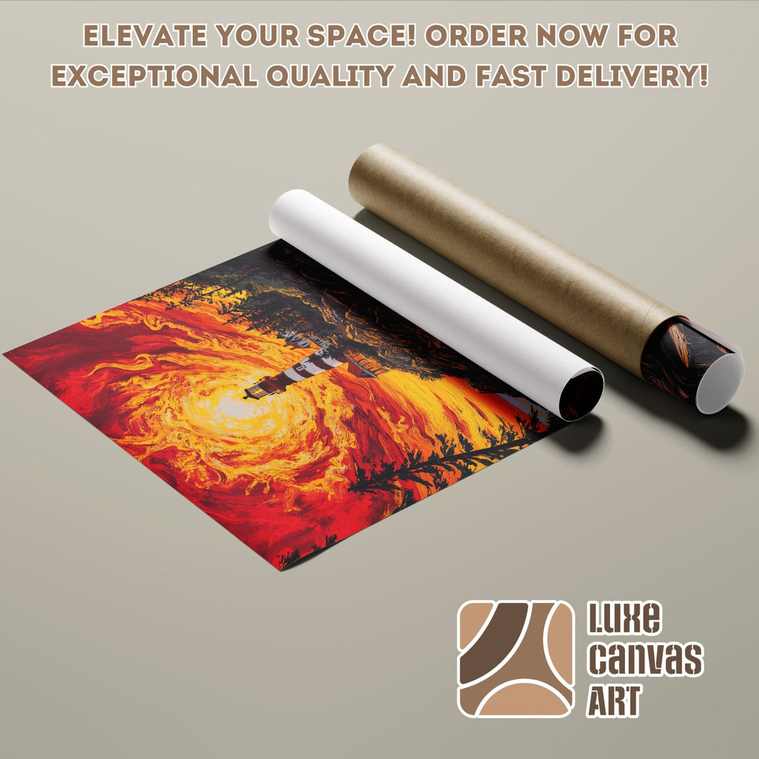 Lighthouse Poster Roll, vibrant art with red, orange, and yellow color palette, perfect for home decor.