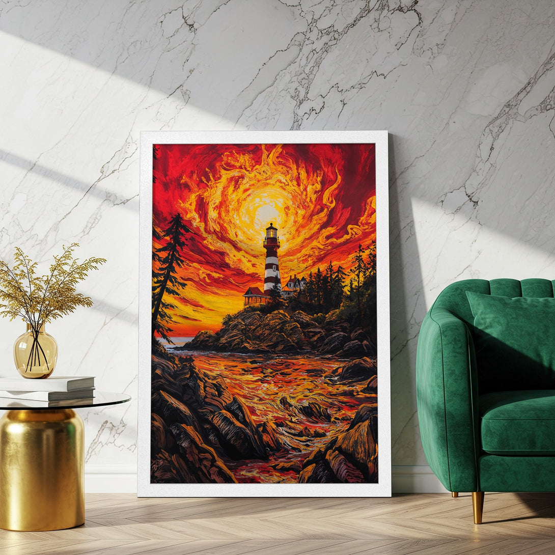 Framed Poster featuring a lighthouse at sunset. Dramatic art style with fiery red and orange color palette. Perfect wall decor.