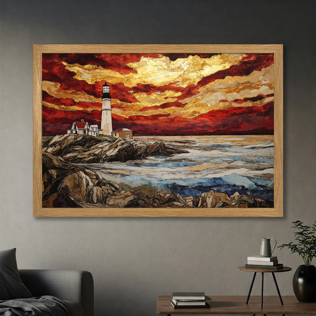 Framed Poster of a lighthouse at sunset. Artistic style with a red, gold, and blue color palette. Perfect wall art for any space.