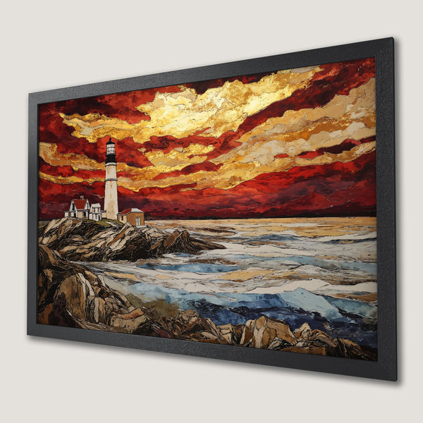 Framed Poster of a lighthouse at sunset. Artistic style with red, gold, and blue color palette. Perfect wall art for your home.