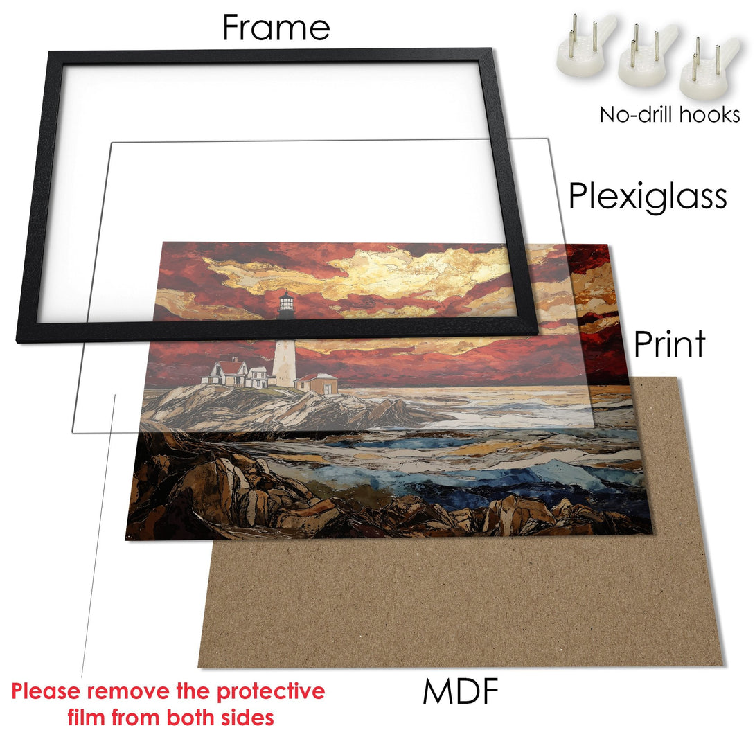 Framed Poster featuring a lighthouse landscape art print. Warm red, orange, and brown color palette. Perfect wall decor!