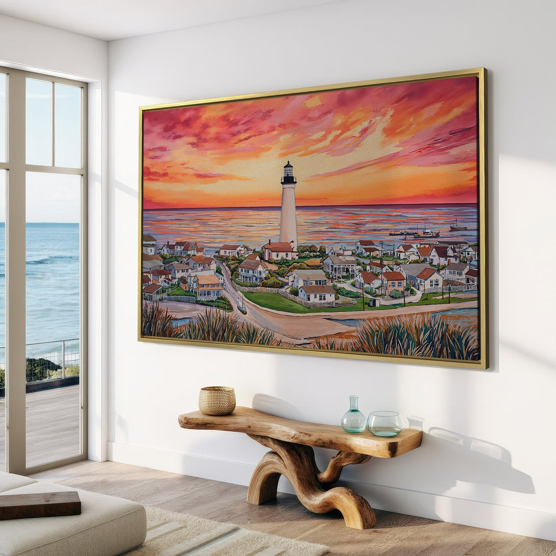 Canvas Print of a lighthouse at sunset. Coastal art in warm sunset hues of orange, pink, and yellow. Perfect for any home decor.