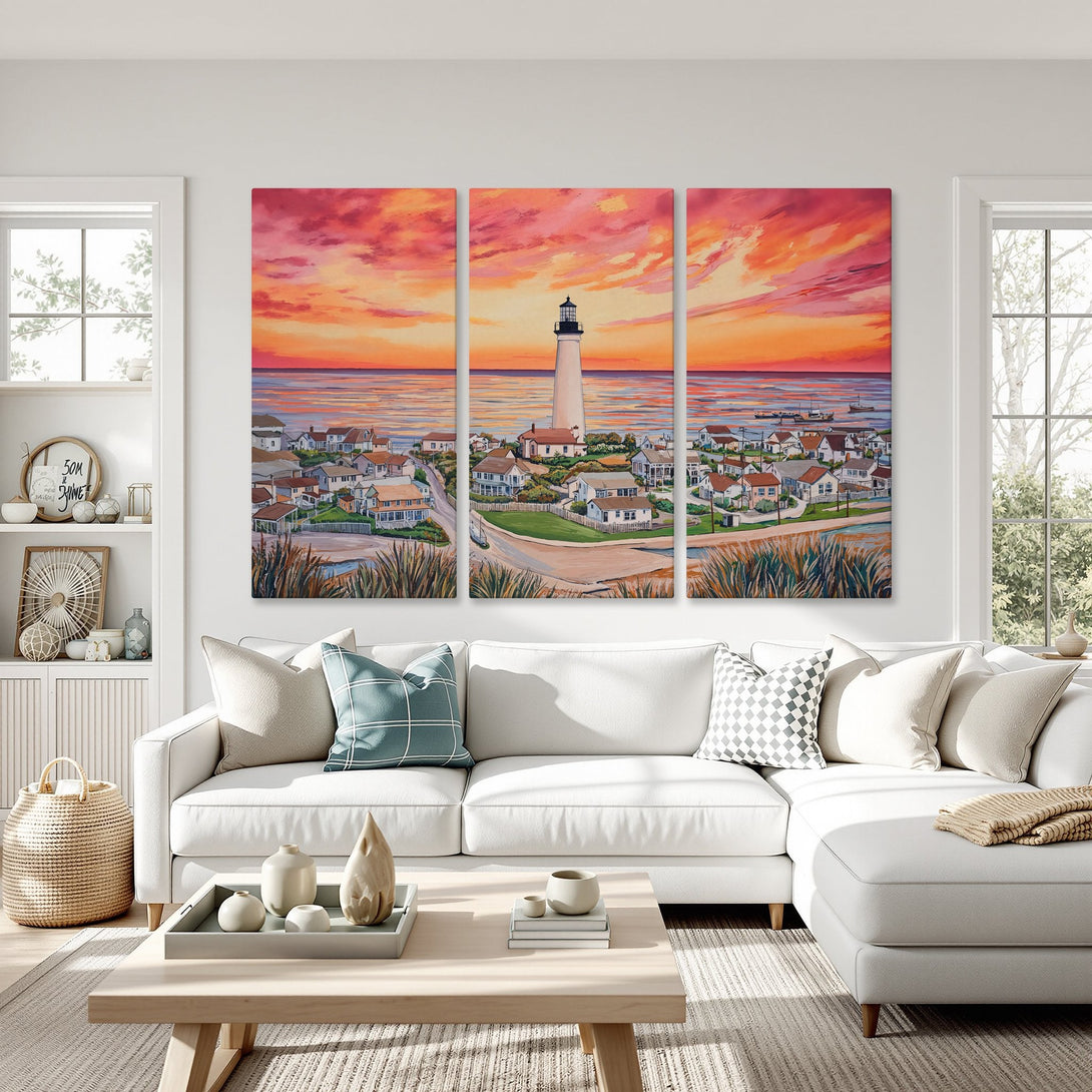 Canvas Print of a lighthouse at sunset. Coastal watercolor style art with vibrant orange and pink hues. Perfect wall decor.