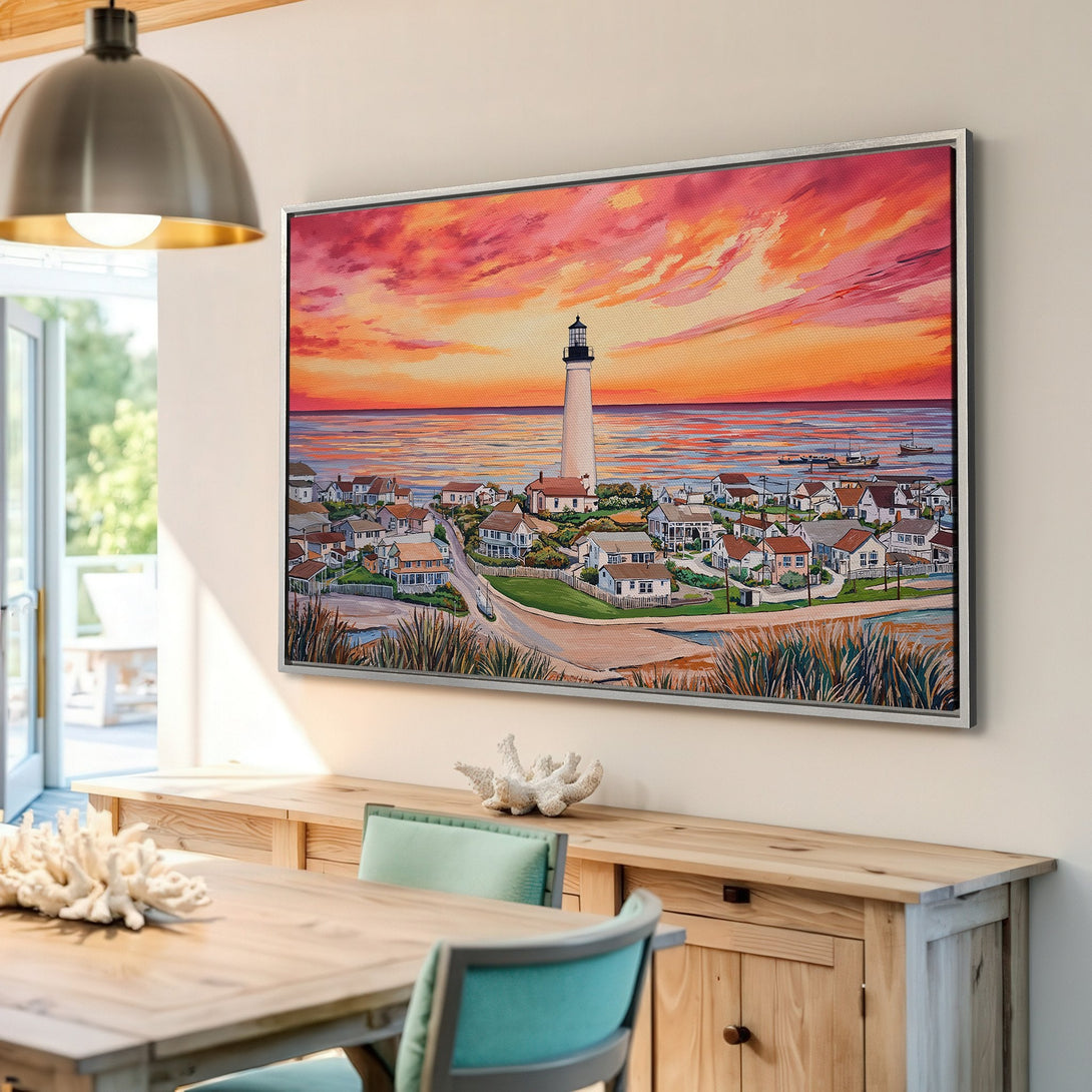 Framed Wall Art: Coastal lighthouse scene with vibrant sunset. Perfect for adding warmth & color to your home. Canvas Print with orange, pink, and blue hues.