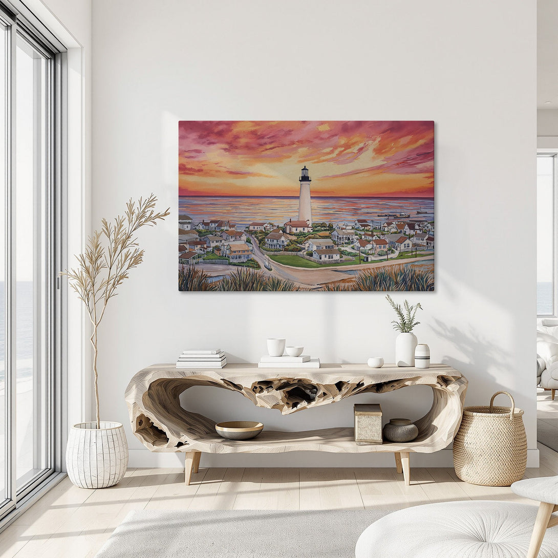 Framed Wall Art: Coastal lighthouse painting with warm sunset hues. Adds a touch of serenity and style to any space. Perfect for home decor.