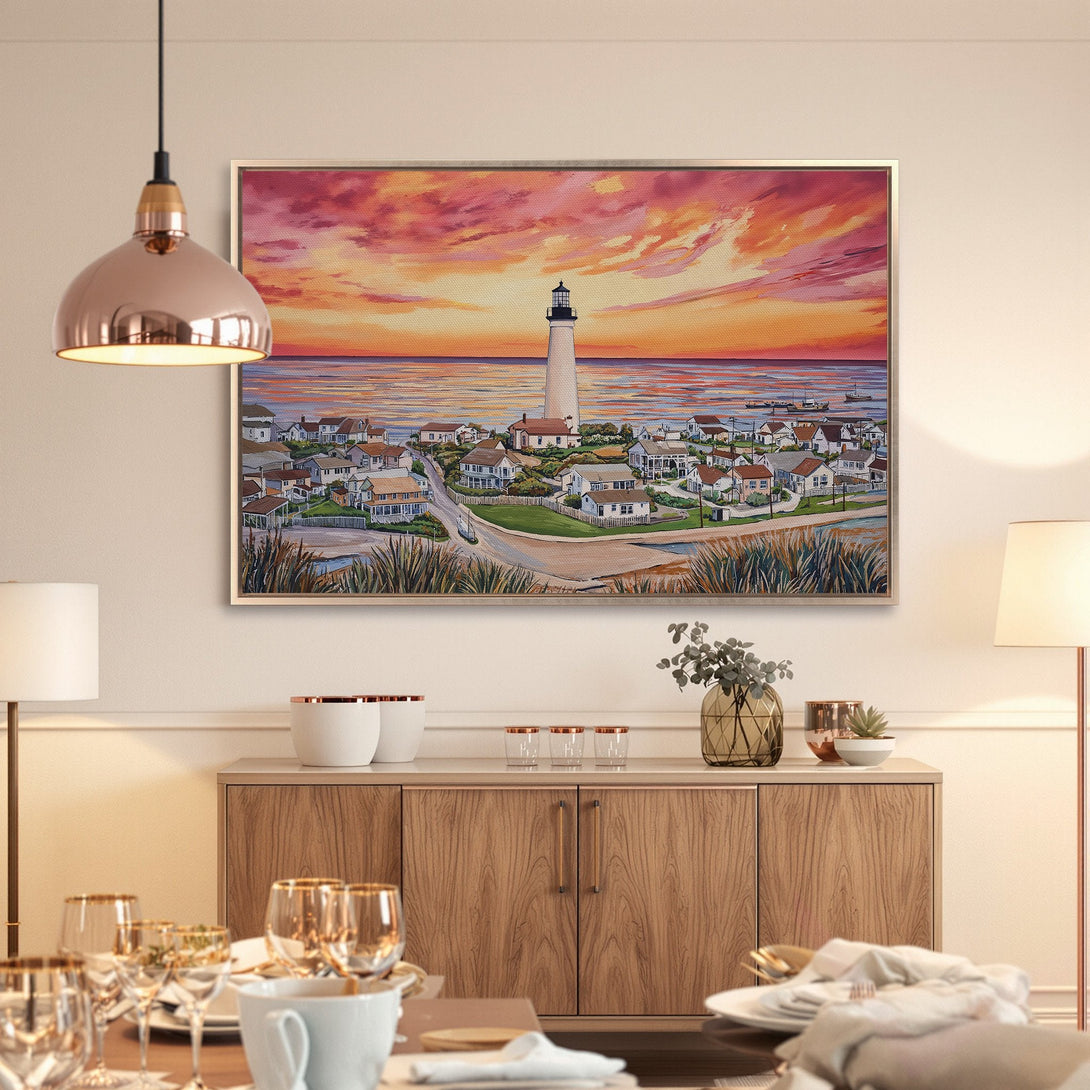 Framed Wall Art: Coastal lighthouse painting with sunset sky in warm orange and pink hues. Perfect for living rooms and dining areas.
