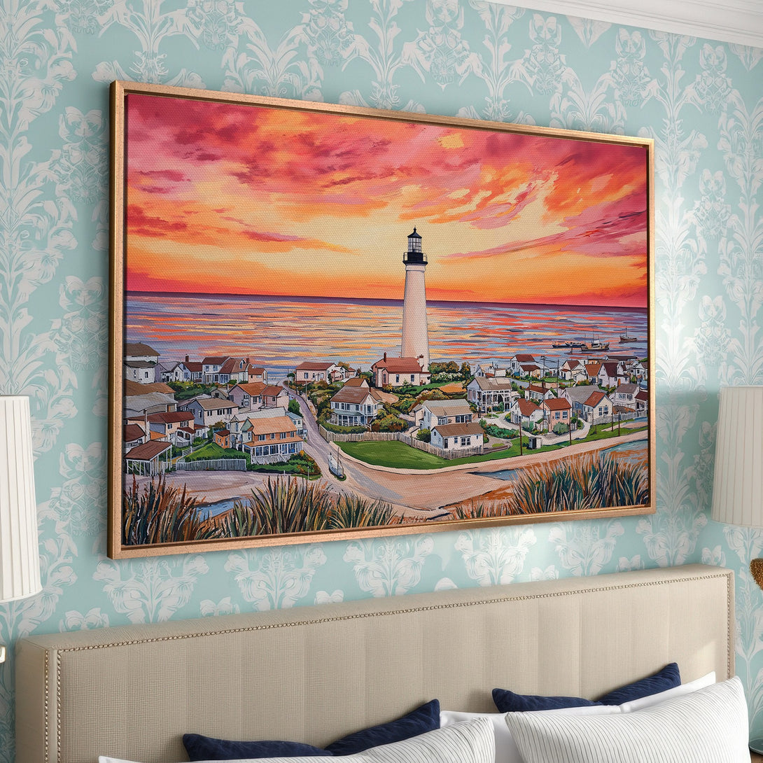 Framed Wall Art: Coastal lighthouse painting with sunset sky. Warm orange and pink hues create a vibrant, inviting scene. Perfect for bedroom decor.