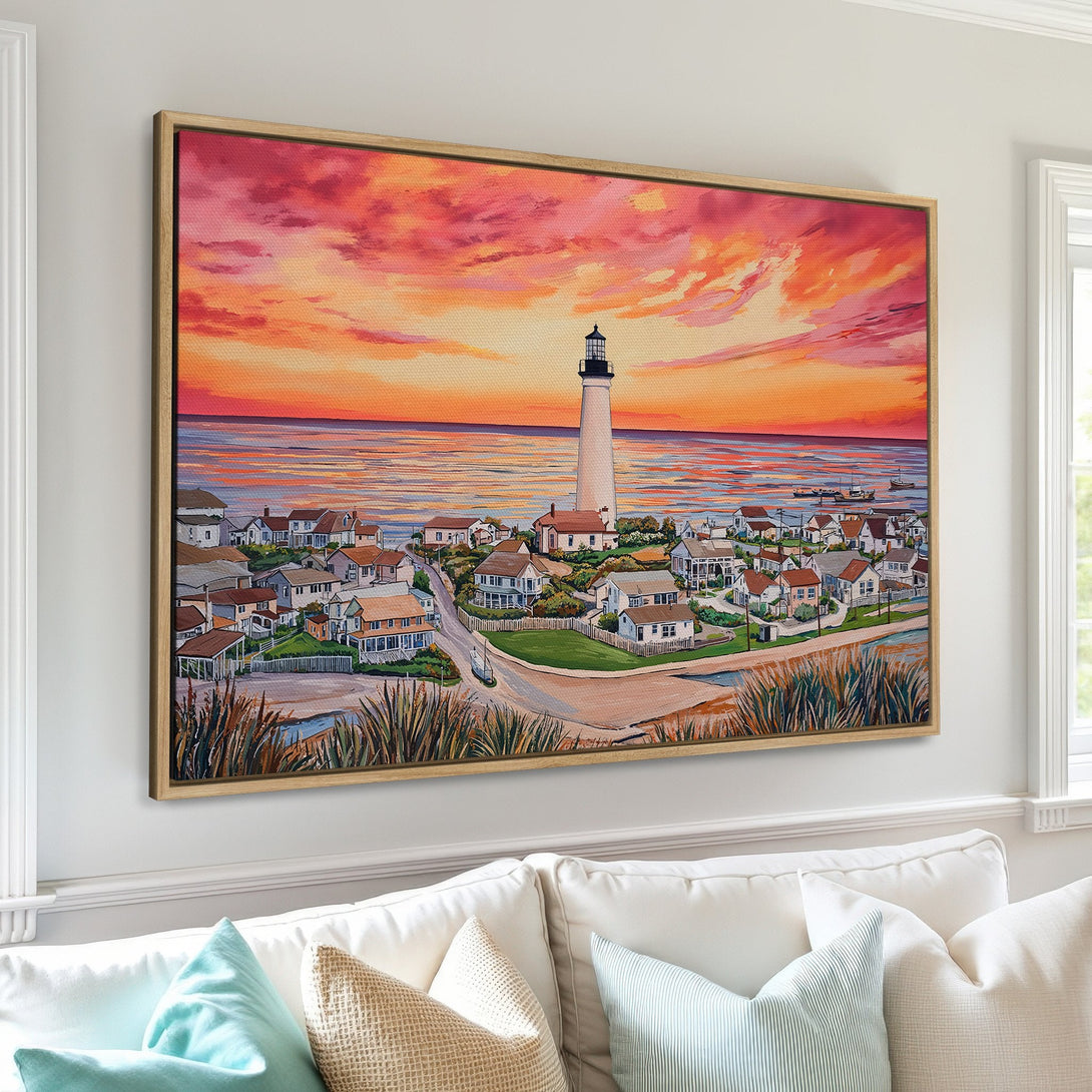 Framed Wall Art: Coastal lighthouse scene in warm sunset hues. Impressionistic style with a vibrant orange, pink, and blue color palette. Perfect for adding a touch of serenity.