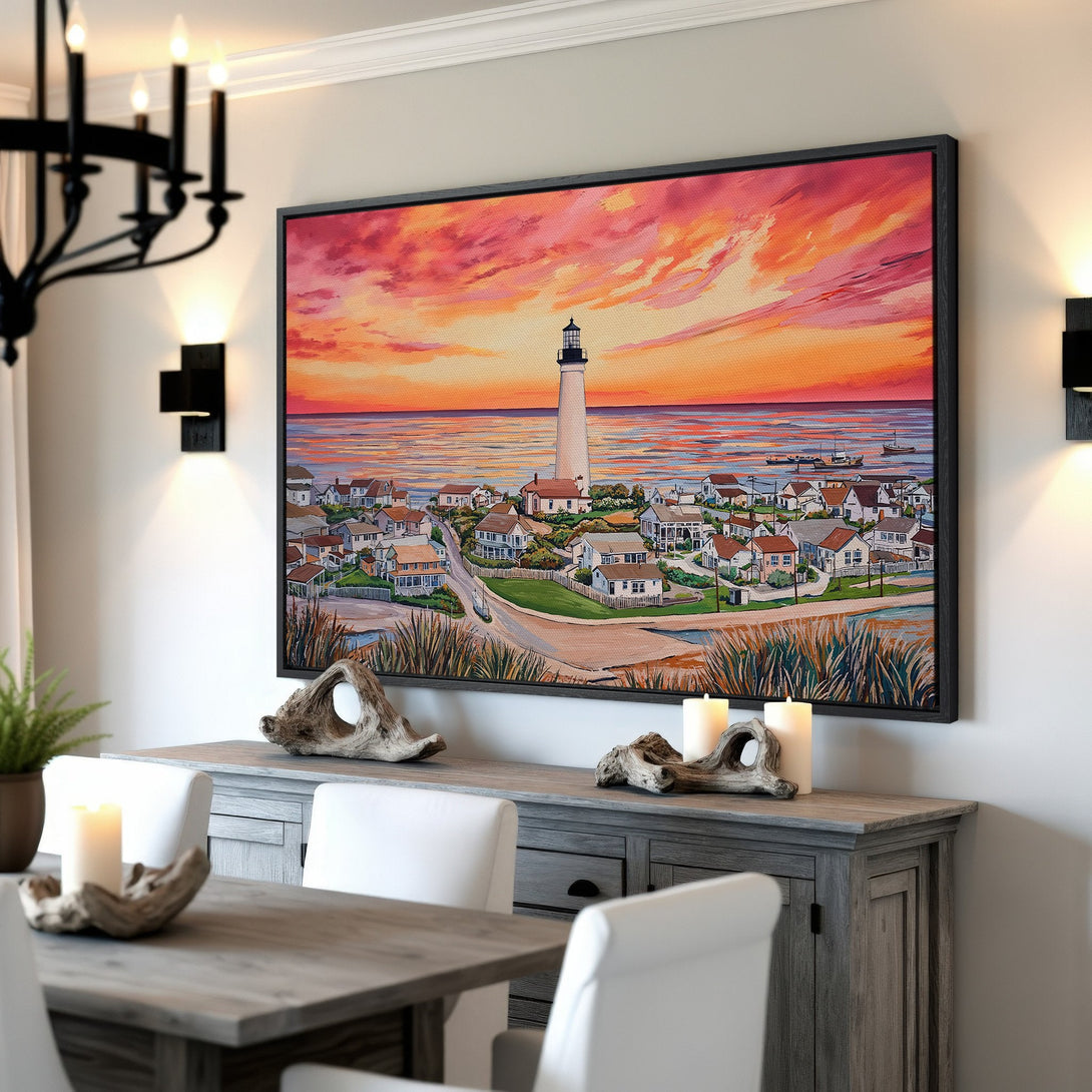 Framed Wall Art: Coastal lighthouse painting with sunset sky in warm orange and pink hues. Perfect for adding a touch of art to your home decor.