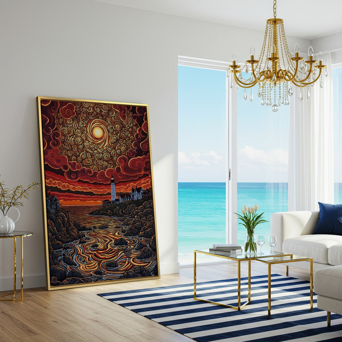 Canvas Print of a lighthouse landscape in vibrant red and gold tones, perfect for adding artistic flair to your home decor.