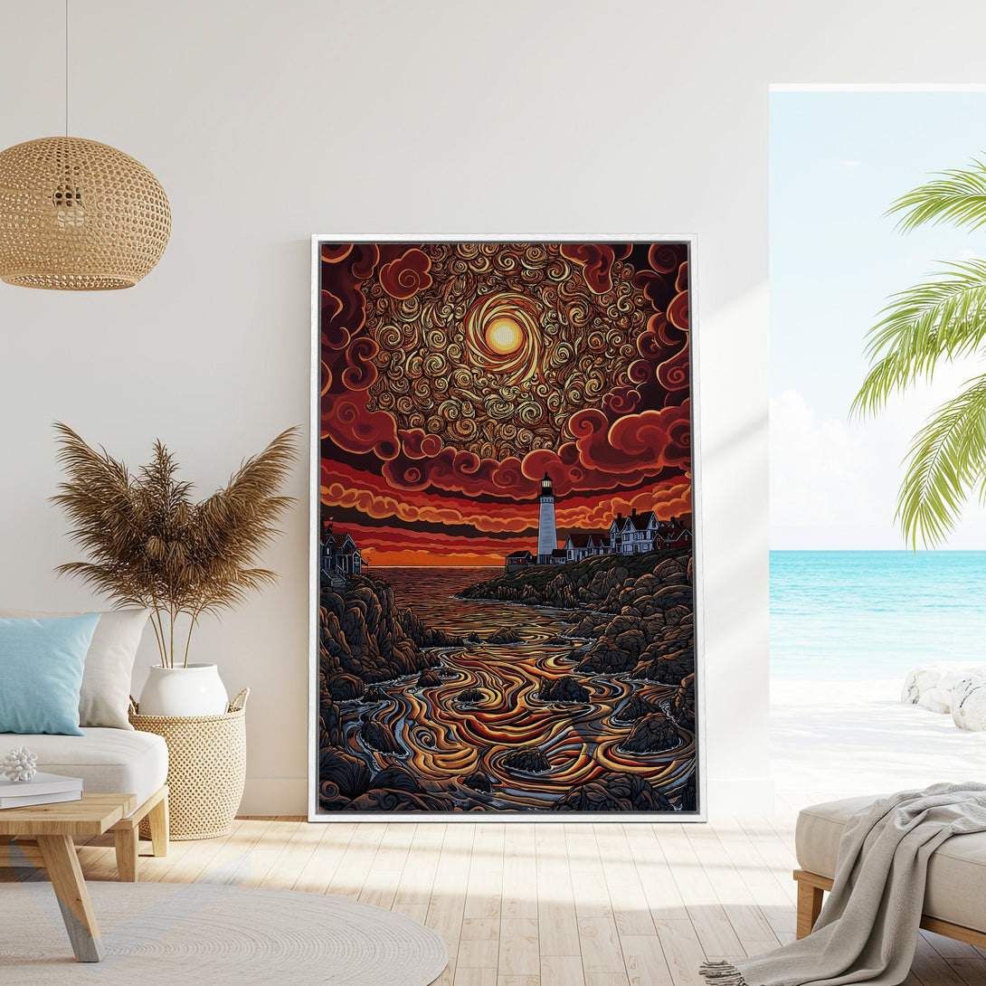 Framed Wall Art featuring a lighthouse scene in a stylized, warm color palette. Perfect for coastal decor!