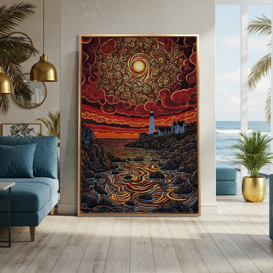 Framed Wall Art: Coastal lighthouse scene in warm red, orange, and gold hues. Unique art print adds a touch of elegance to any interior. Shop now!