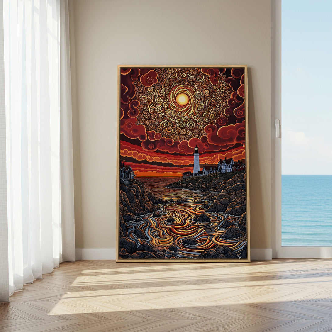 Framed Wall Art: Coastal lighthouse scene in warm red & gold tones. Unique art print adds a touch of artistic flair to any interior space.
