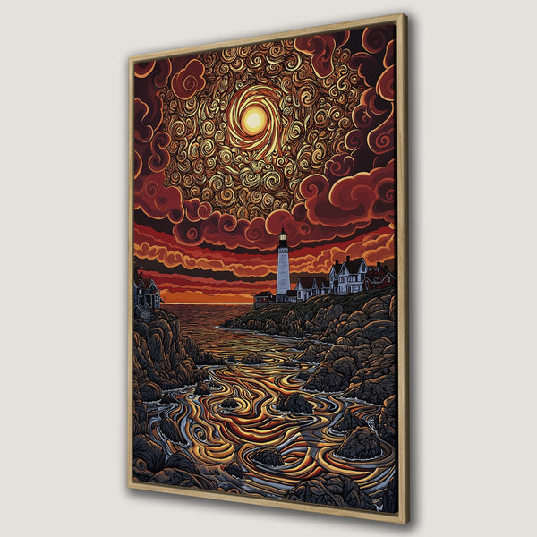Framed Wall Art: Lighthouse art print with a dramatic sunset and swirling sky. Warm red and gold color palette. Perfect coastal decor for your home.