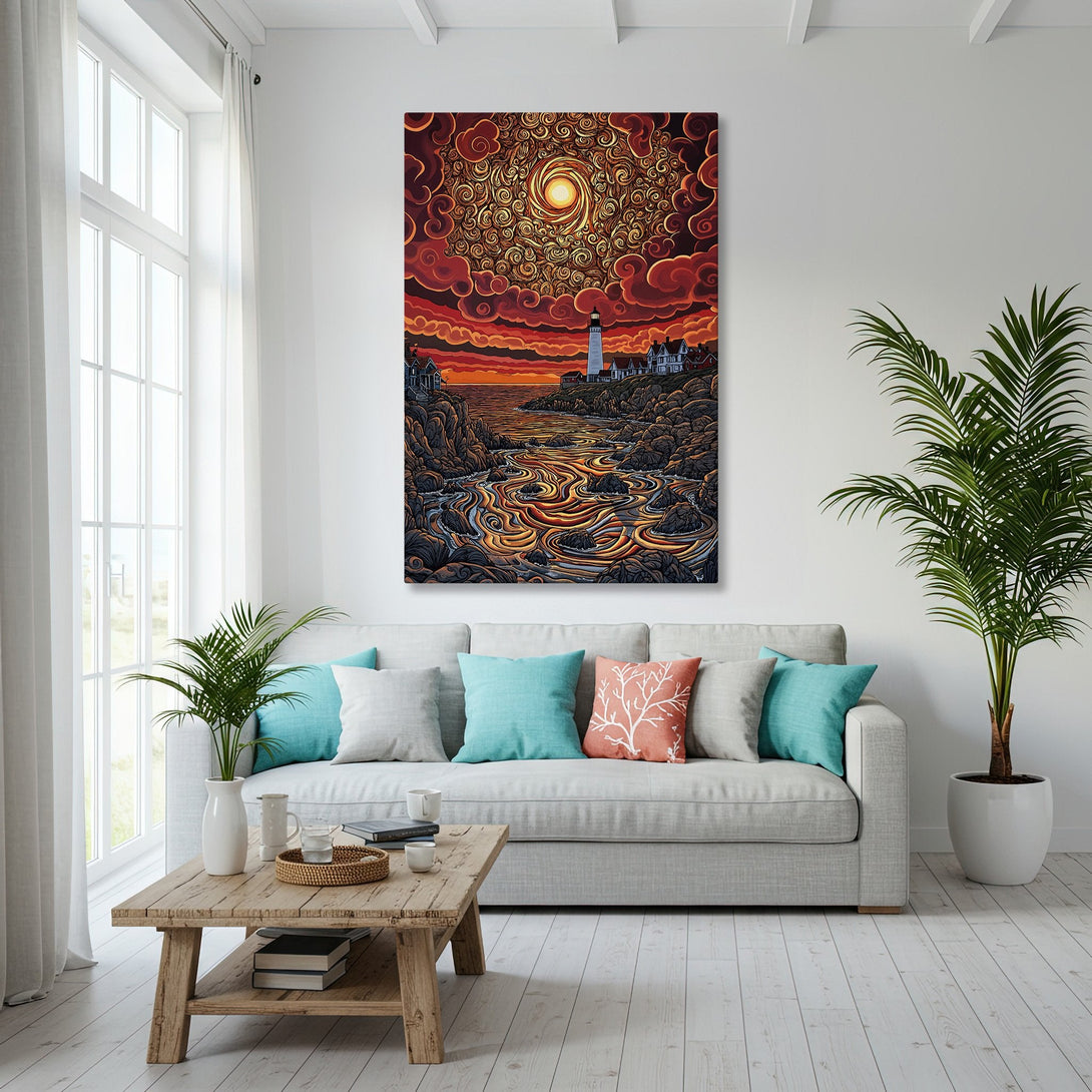 Framed Wall Art: Lighthouse landscape in warm red & gold tones. Stunning Canvas Print adds coastal charm to any living room.