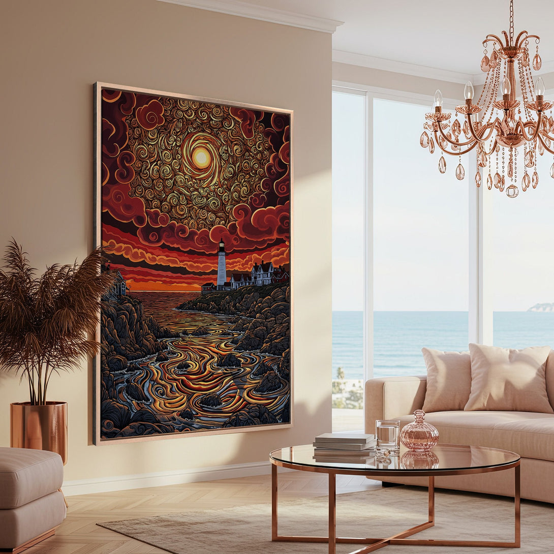 Framed Wall Art featuring a vibrant coastal landscape in warm orange and red tones. Unique art style, perfect for living rooms and bedrooms.