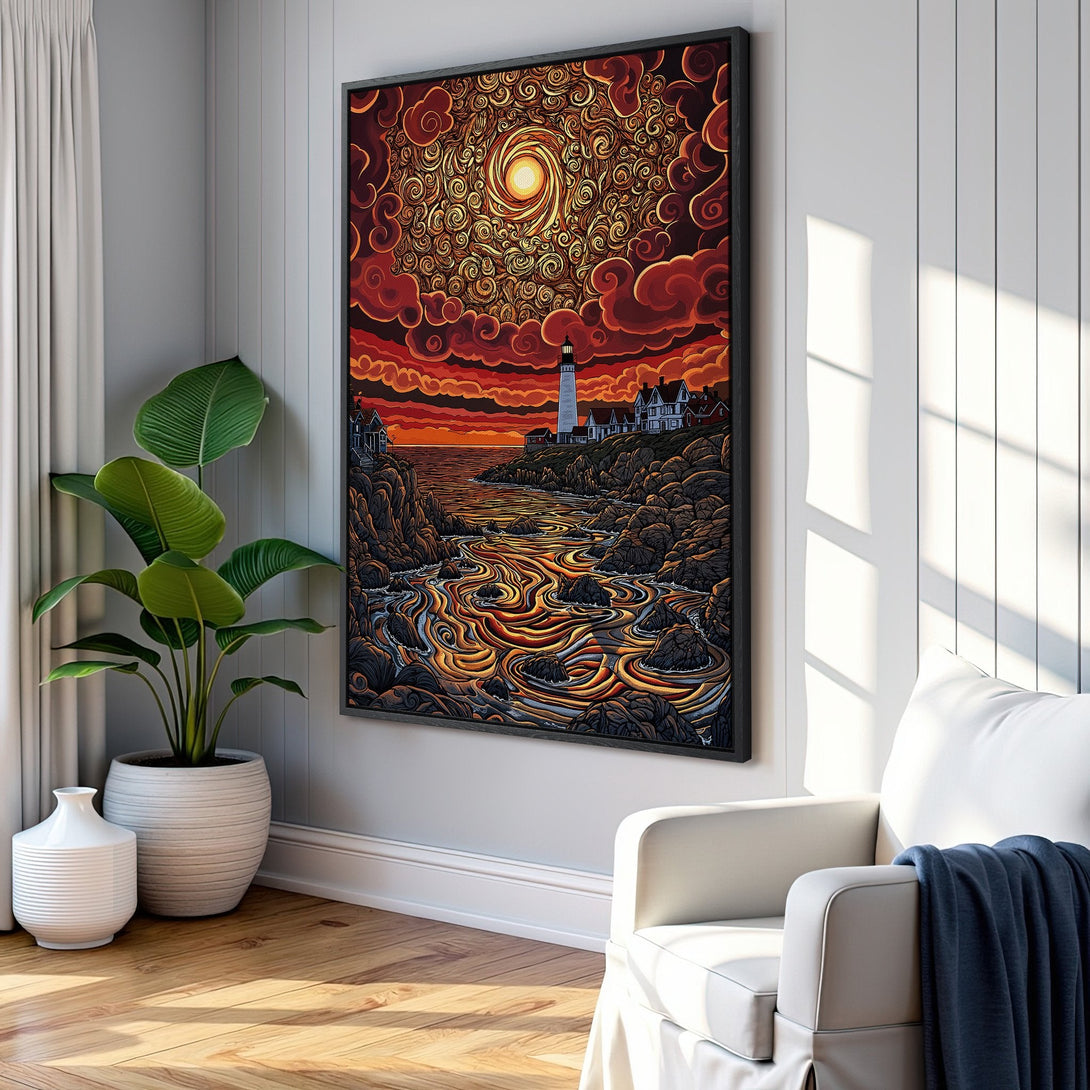 Framed Wall Art: Lighthouse canvas print with vibrant sunset colors. Coastal art in a unique, stylized design, perfect for adding warmth to any space.