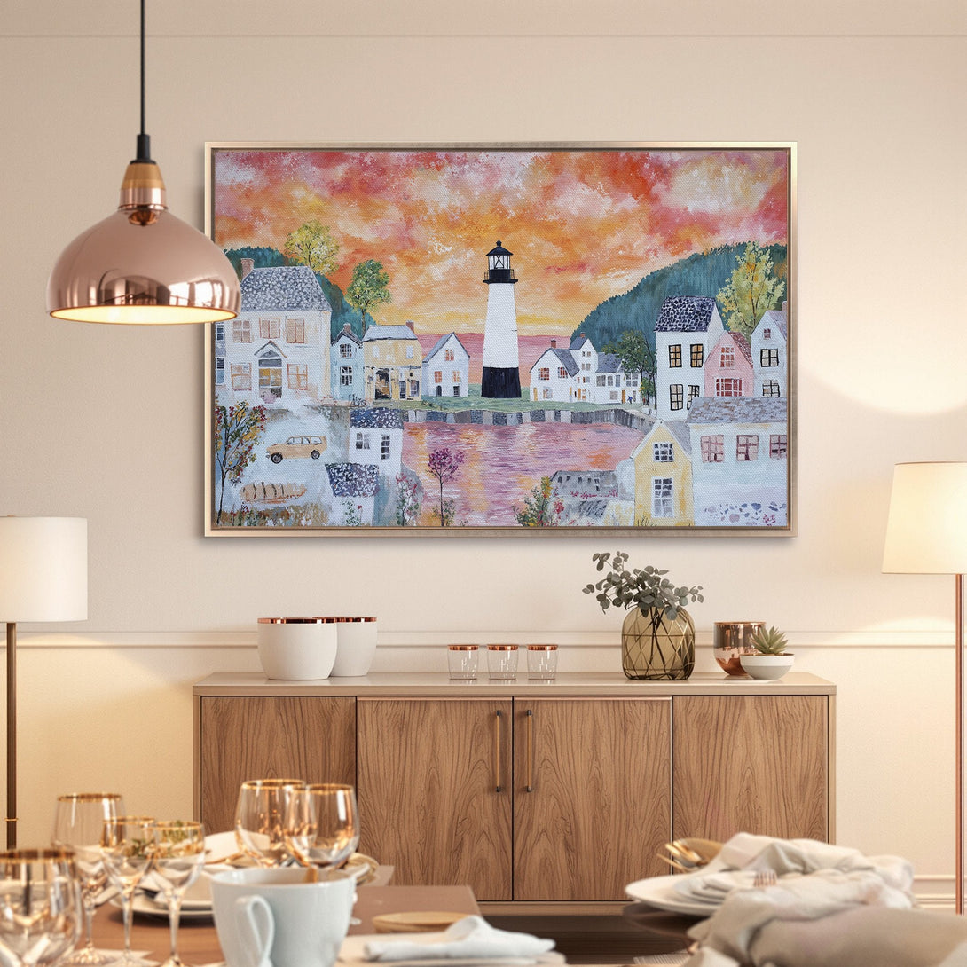 Framed Wall Art: Coastal town painting with warm sunset hues. Perfect for adding a touch of serenity and style to any room.