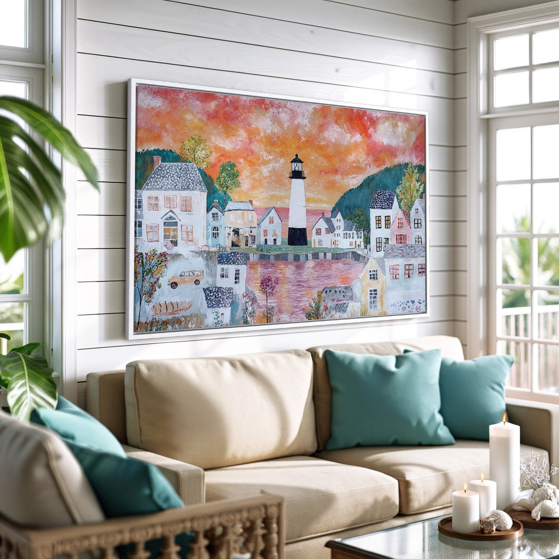 Framed Wall Art featuring a coastal town scene in a warm, impressionistic style with a sunset color palette. Perfect for adding charm to your home!