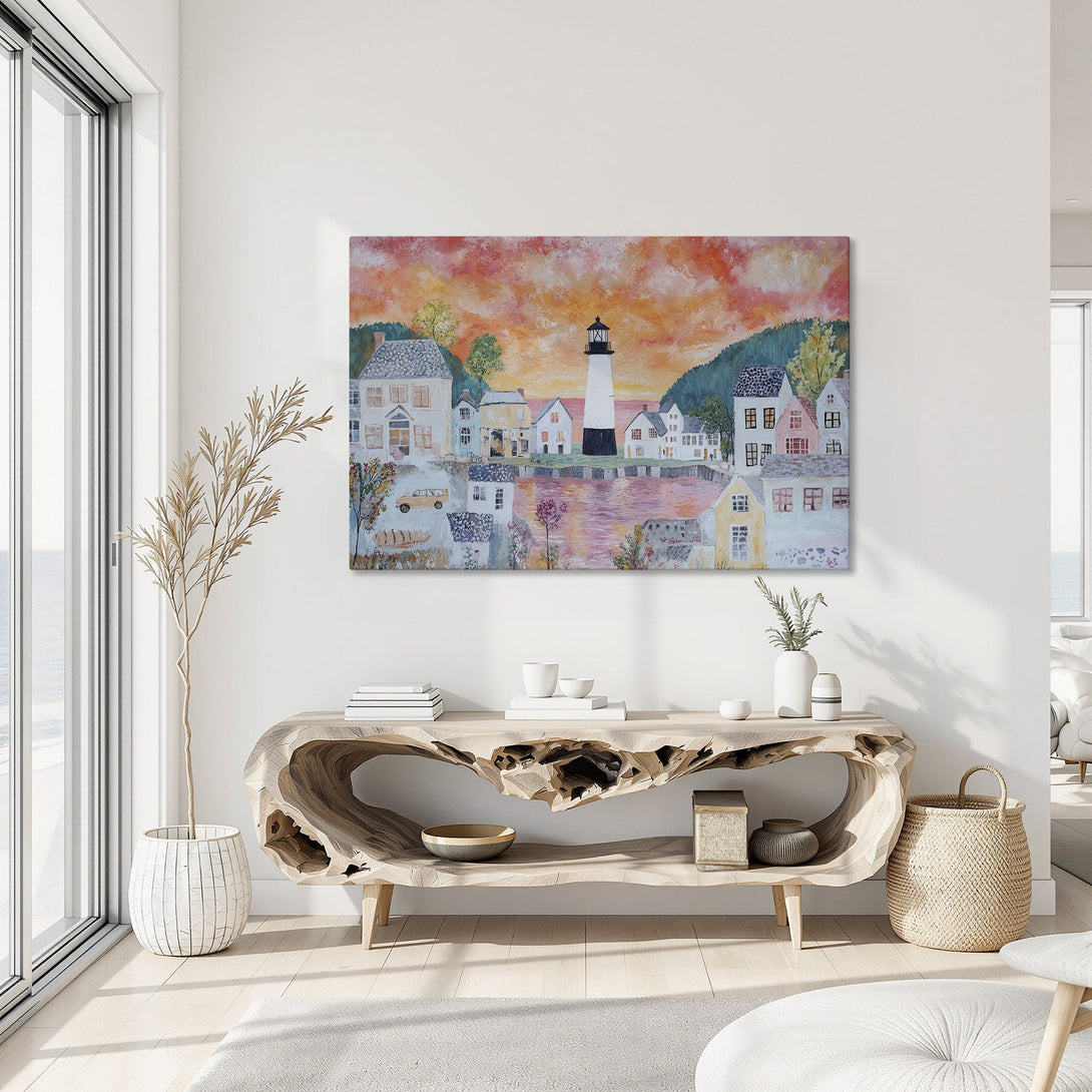 Framed Wall Art: Coastal lighthouse painting with warm sunset hues. Perfect for adding a touch of seaside charm to your home decor. Shop now!