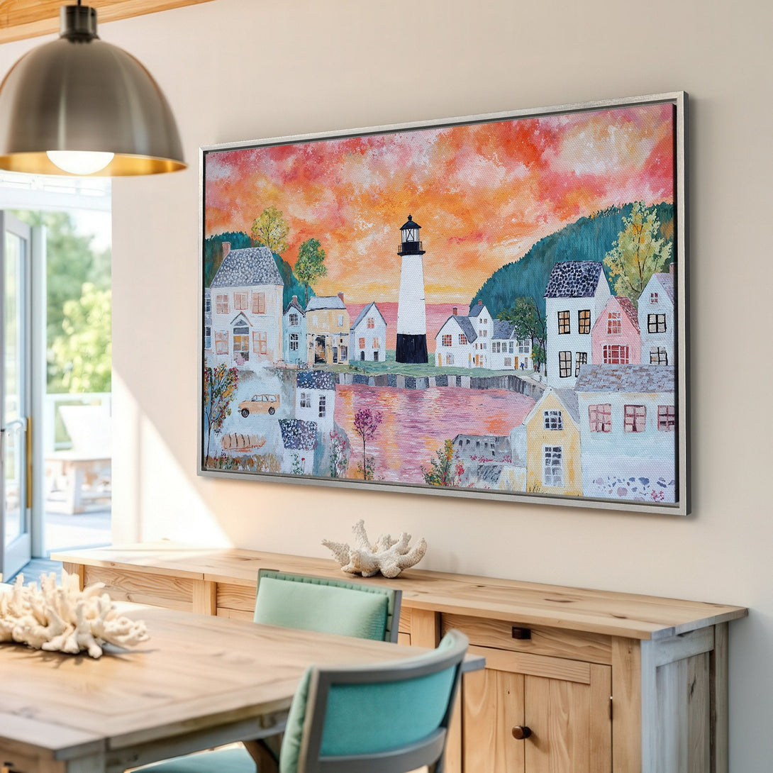 Framed Wall Art: Coastal town scene Canvas Print with warm sunset colors. Perfect for adding a touch of art to your home decor.
