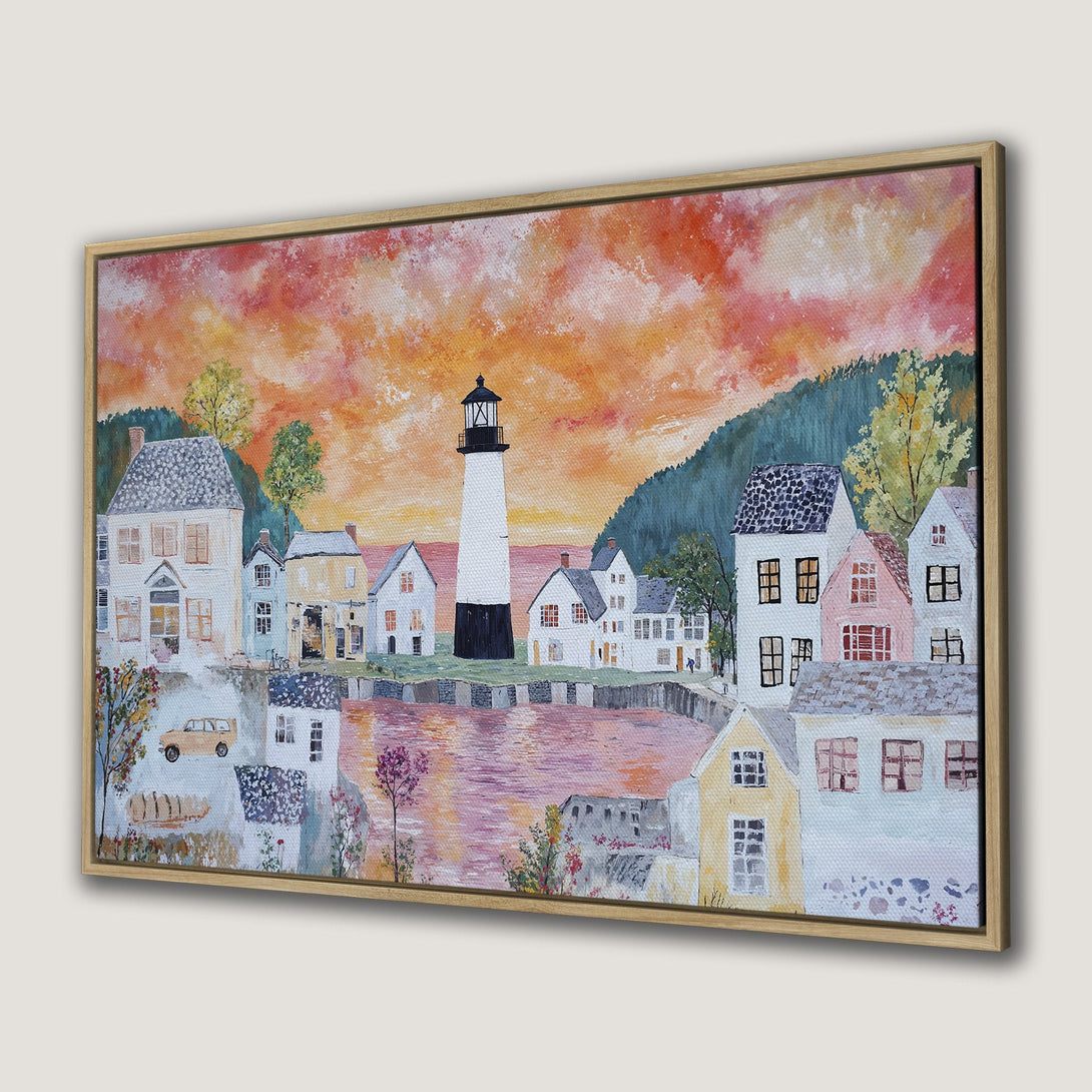 Canvas Print of a coastal town scene with lighthouse, warm sunset colors, and charming houses. Perfect framed wall art for a cozy interior.