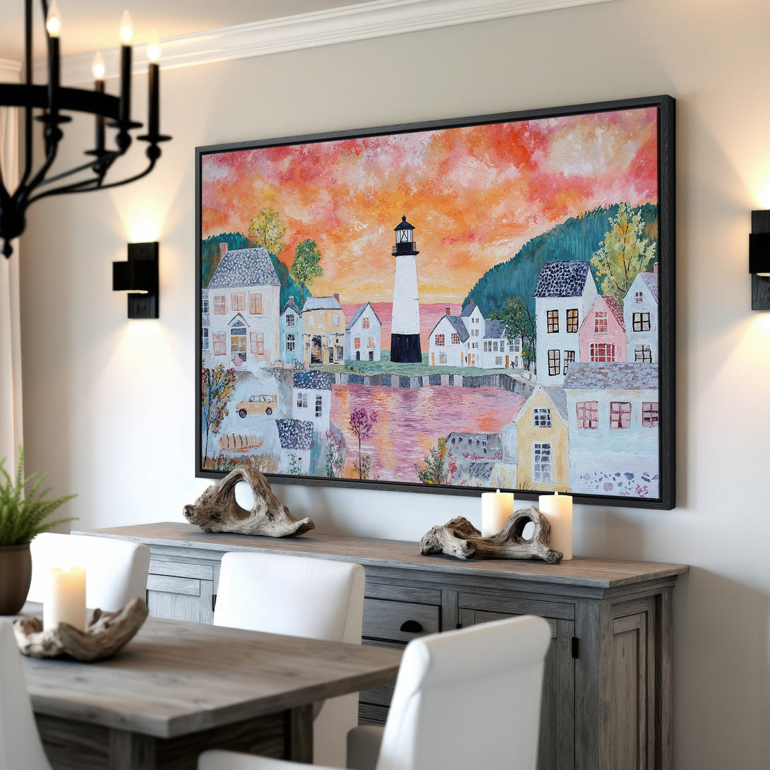 Framed Wall Art of a coastal town scene with a lighthouse. Warm sunset colors and a charming, painterly style. Perfect for adding character to your space.