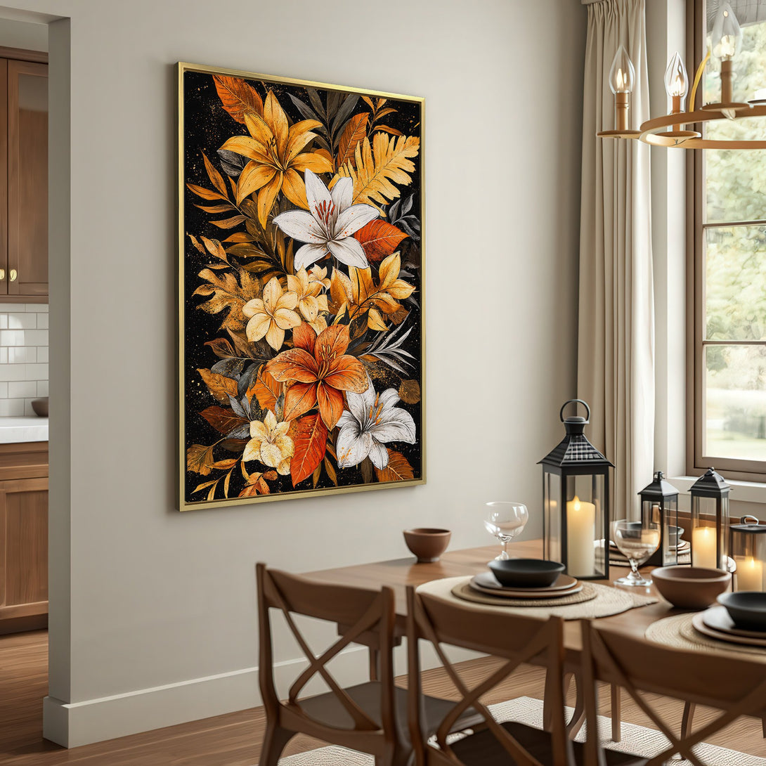 Canvas Print featuring vibrant floral art in warm orange and yellow tones, perfect for adding a touch of elegance to any space.