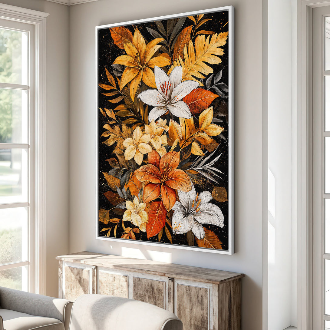 Framed Wall Art featuring vibrant floral art in warm orange, yellow, and white hues. Botanical print adds a touch of elegance to any interior.