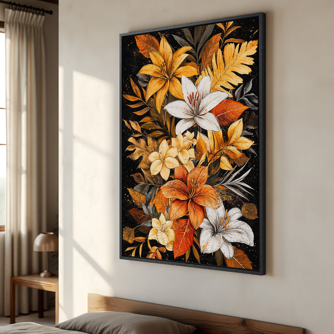 Framed Wall Art featuring vibrant floral arrangement in warm orange, yellow, and white hues on a black background. Modern botanical art for home decor.