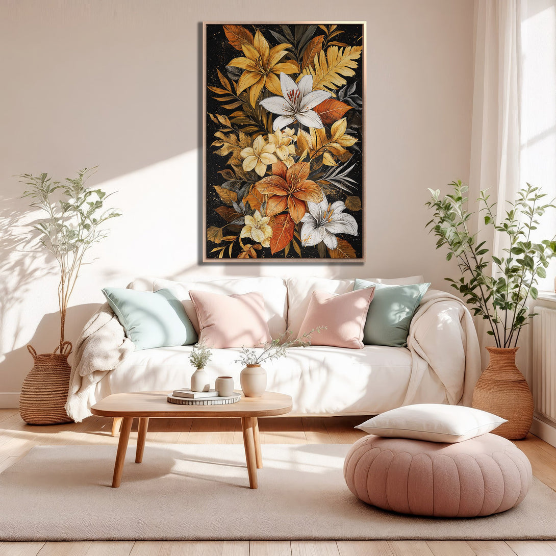 Framed Wall Art featuring a floral bouquet in warm yellow, orange, and white tones. Modern style, perfect for adding a touch of elegance to any space.