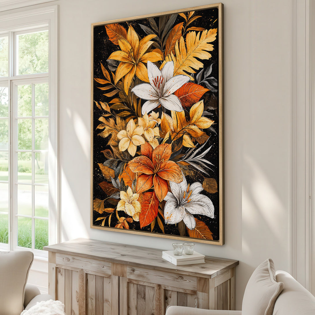 Framed Wall Art featuring vibrant floral artwork in warm orange, yellow, and white tones against a black background. Perfect for adding a touch of elegance.