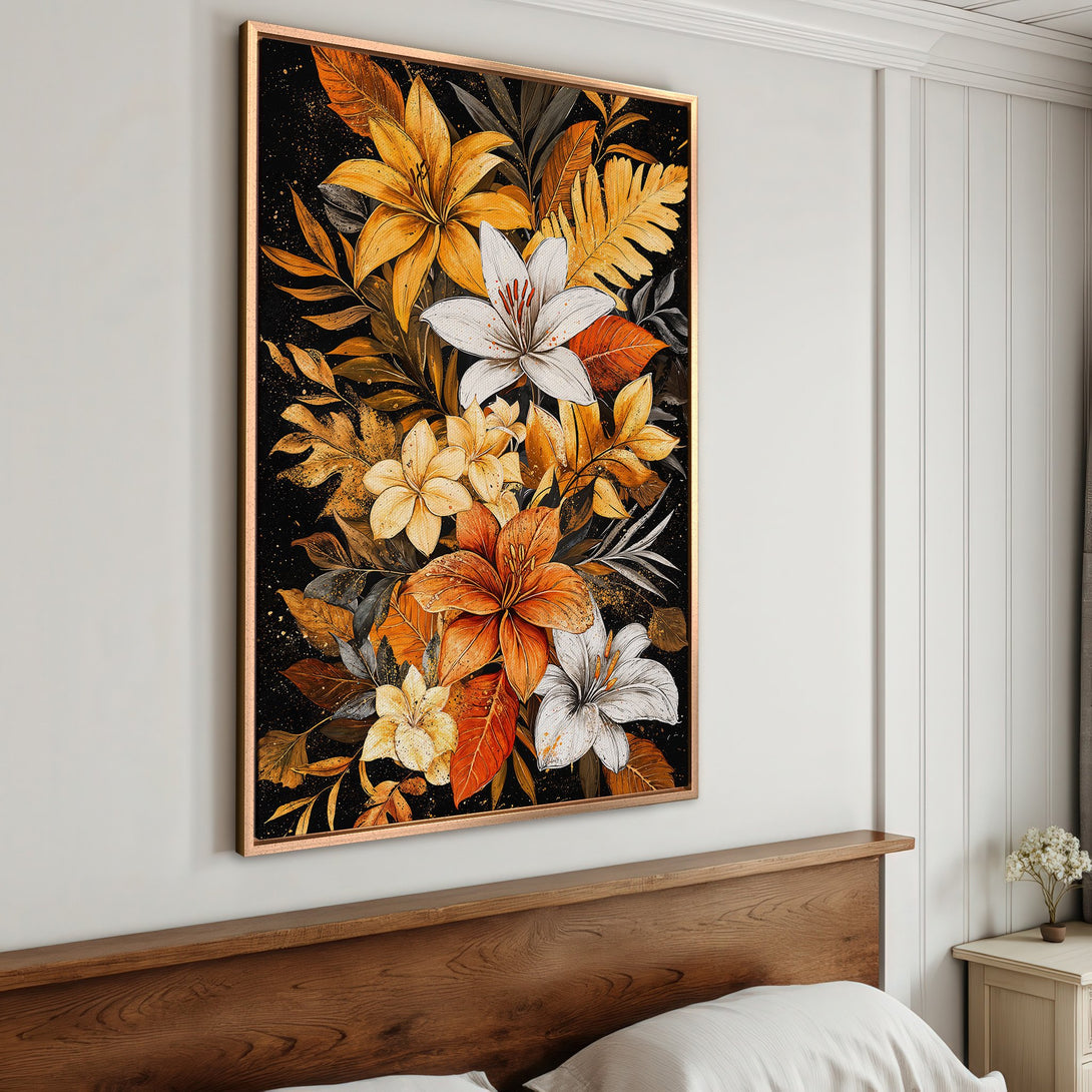 Framed Wall Art: Floral Canvas Print with lilies in warm orange, yellow, and white hues against a dark background. Perfect for a cozy interior.