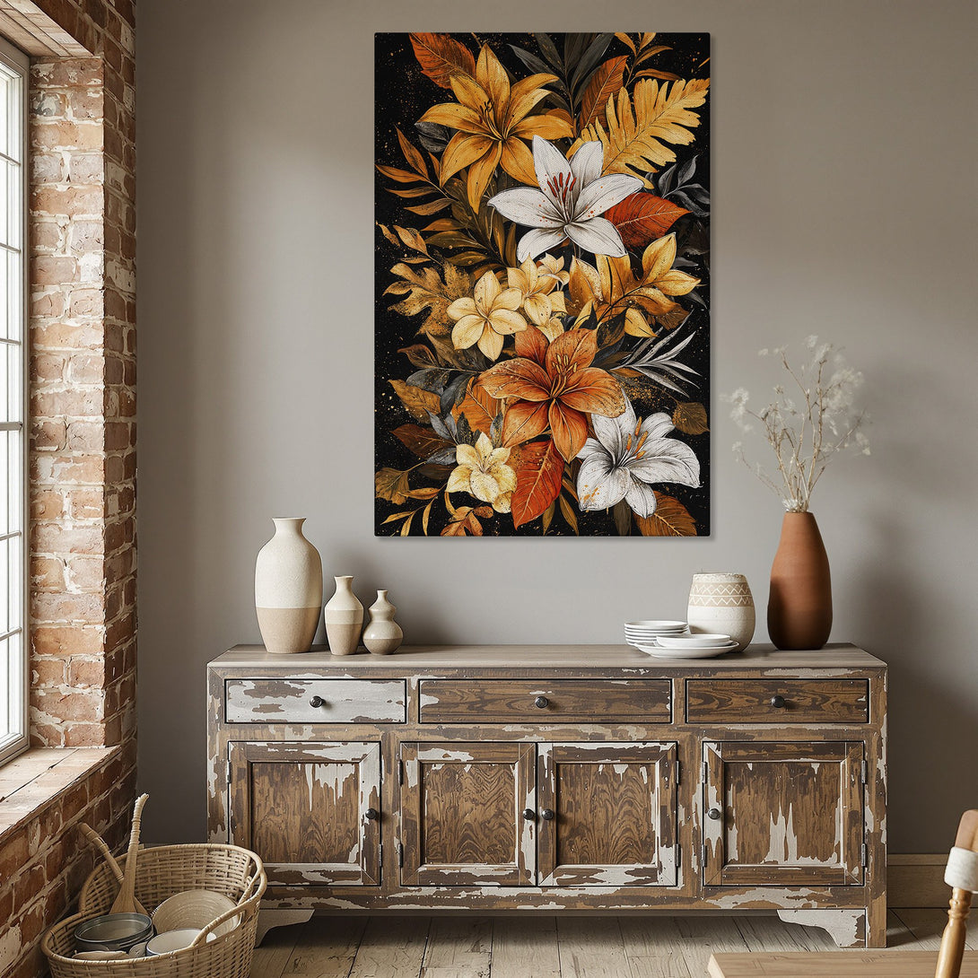 Framed Wall Art: Floral print with lilies in warm orange, yellow, and white hues. Adds a touch of elegance to any dining room. Shop now!