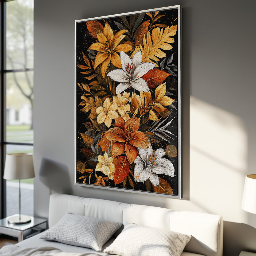 Framed Wall Art featuring a floral design in warm gold, white, and rust tones. Modern botanical art for a stylish interior.