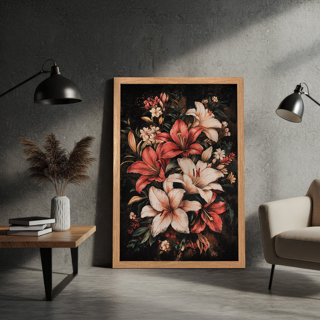 Framed Poster featuring a floral arrangement in a dark, painterly style with red, white, and green hues. Perfect wall art!