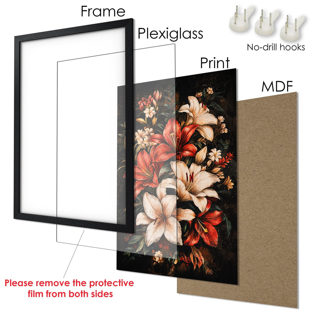Framed Poster featuring a floral design with red, white, and black colors. Elegant art print perfect for home decor.
