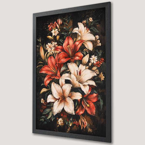 Framed Poster featuring a vibrant floral arrangement of lilies in red, white, and green hues against a dark background. Perfect wall art!